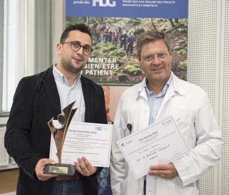  Le Dr Mohamed-Rida Benissa et le Prof. Alain Gervaix reçoivent le Prix de l’innovation 2018 et le Prix Startup Fongit-Eclosion